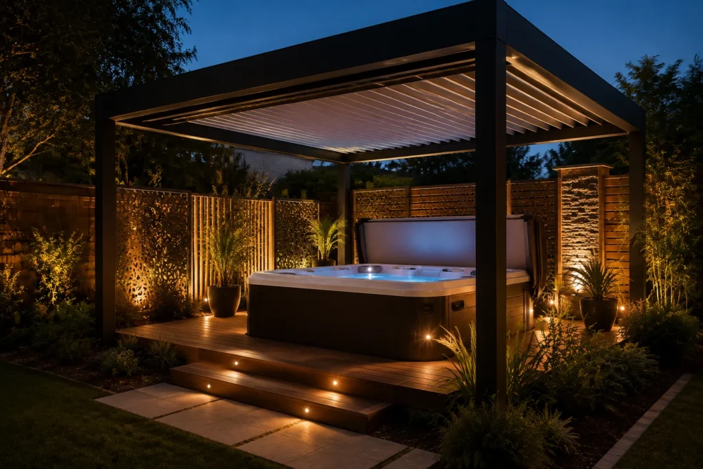 Pergola designed around a backyard hot tub