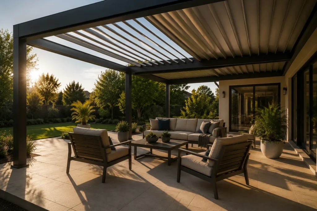 Retractable pergola roof adjusting sunlight and shade