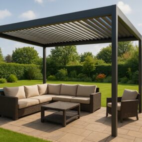 Modern retractable pergola over patio seating area