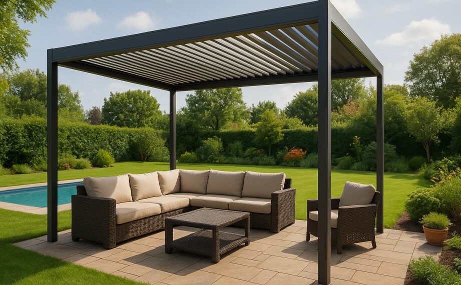 Modern retractable pergola over patio seating area