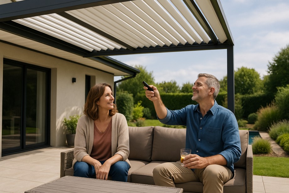 Couple adjusting a retractable pergola outdoors