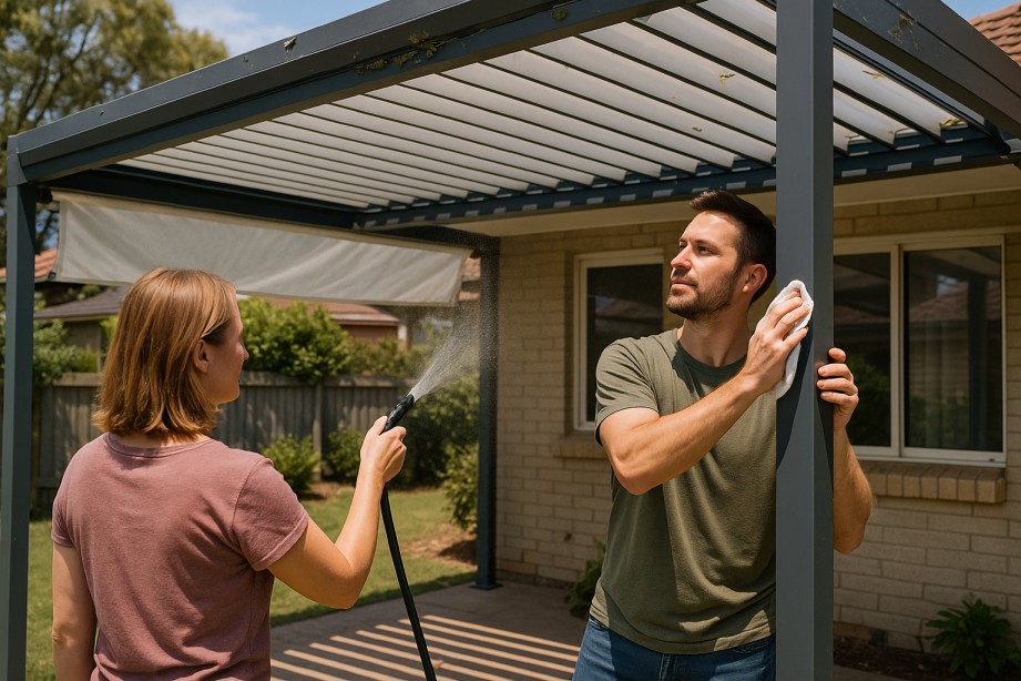 Homeowners cleaning and inspecting a retractable pergola